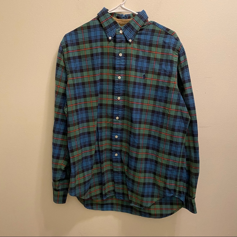 Polo Ralph Lauren Blue Green Plaid Shirt Large EUC